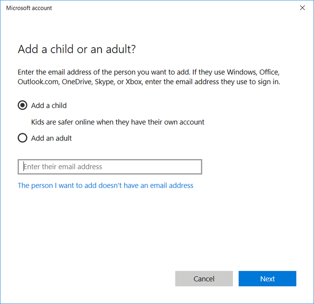 Windows10PCアカウントに子供または大人を追加します