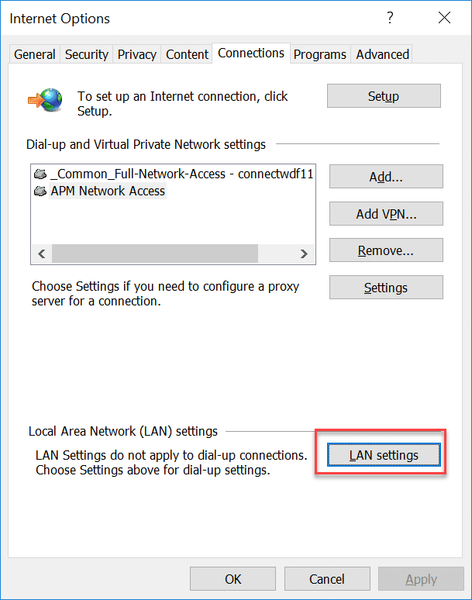 به تب Connections بروید و روی تنظیمات LAN کلیک کنید