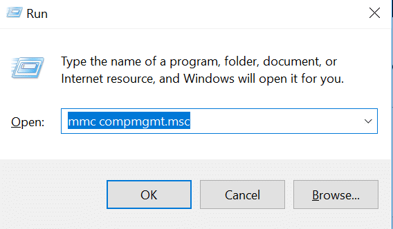 Windowsキー+Rを押してから、mmc compmgmt.mscと入力し、Enterキーを押します。