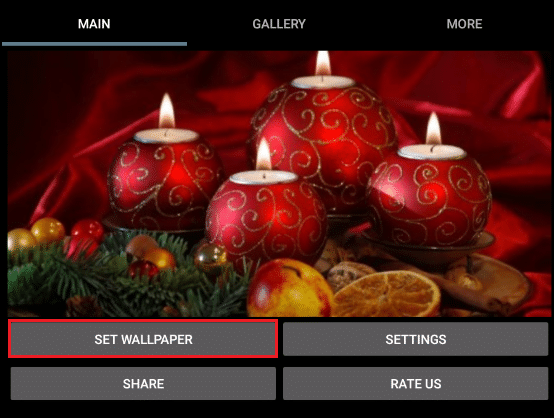 Christmas Candle 3D Wallpaper Android proqramında divar kağızı qurmaq düyməsini vurun