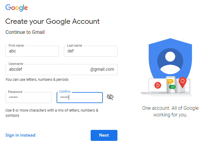 Voer je gegevens in om een ​​nieuw Gmail-account aan te maken