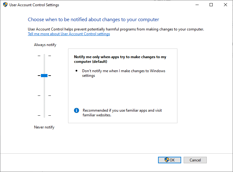 UACアプリがコンピューターに変更を加えようとした場合にのみ通知します（デフォルト）Windows 7、8、10でユーザーアカウント制御を無効にする方法