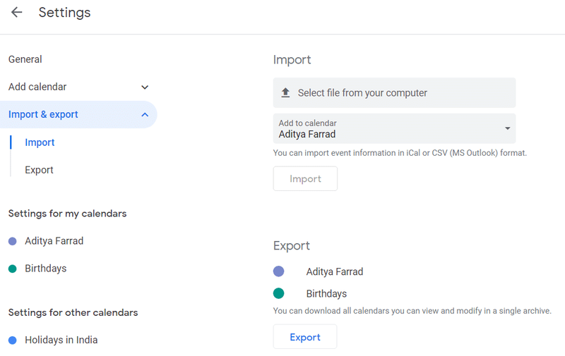 সেটিংস থেকে Import & Export এ ক্লিক করুন | অ্যান্ড্রয়েডে অনুপস্থিত Google ক্যালেন্ডার ইভেন্টগুলি পুনরুদ্ধার করুন