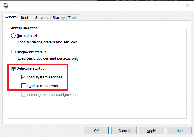 Na kartici Općenito omogućite Selektivno pokretanje klikom na radio dugme pored | Popravi grešku 0X80010108 u Windows 10