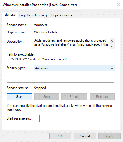 maak seker dat opstarttipe Windows Installer op Outomatiese gestel is en klik op Start