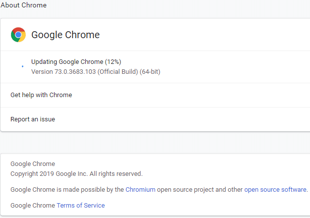 Se houver alguma atualização disponível, o Google Chrome começará a atualizar