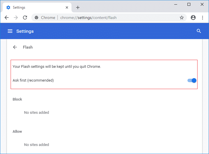Ative a alternância para Permitir que sites executem Flash no Chrome