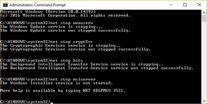 Zaustavite usluge ažuriranja Windowsa wuauserv cryptSvc bits msiserver | Popravite Windows Update zaglavljen ili zamrznut