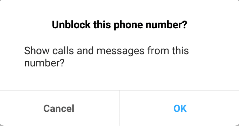 [この電話番号のブロックを解除する]ダイアログボックスで[OK]をクリックします