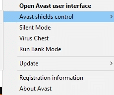 ここで、アバストシールド制御オプションを選択すると、アバストを一時的に無効にできます。Chromeブロッキングのダウンロードの問題を修正