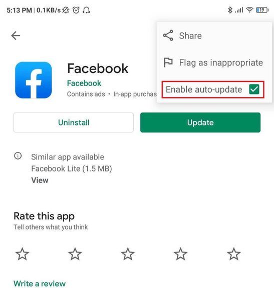aktiver automatisk opdatering for Facebook-appen i Google Play Butik.