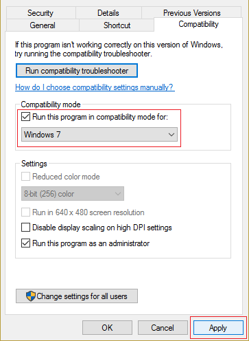 verificate Eseguite stu prugramma in modu di cumpatibilità per è selezziunate Windows 7