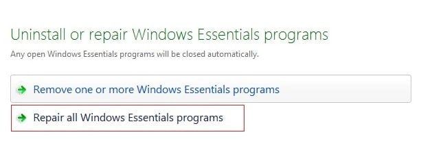 Riparate Windows Essentials