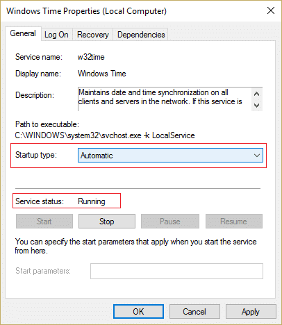 Windows Vaxt Xidmətinin Başlanğıc növünün Avtomatik olduğuna əmin olun və xidmət işləmirsə Başlat klikləyin