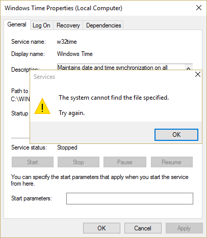 Corrigir o serviço Windows Time não