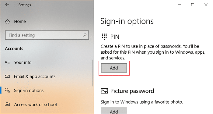 Kliknite Dodaj pod Opcije prijave PIN-om | Kako dodati PIN na svoj nalog u Windows 10