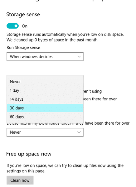 ドロップダウンメニューをクリックして日数を選択します| Windows10で一時ファイルを削除する