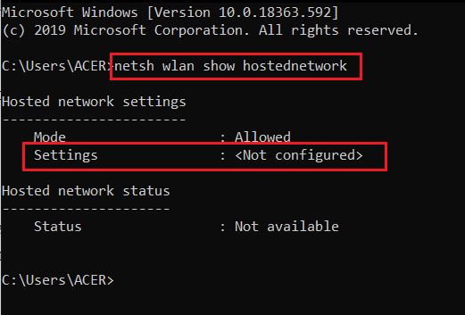 izvršite komandu netsh wlan show hostednetwork i pogledajte postavke kako nisu konfigurisane u komandnoj liniji ili cmd-u