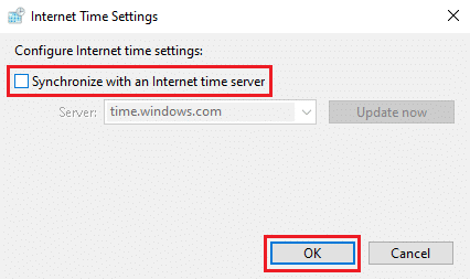 Desmarque a opção Sincronizar com um servidor de horário da Internet, clique em OK