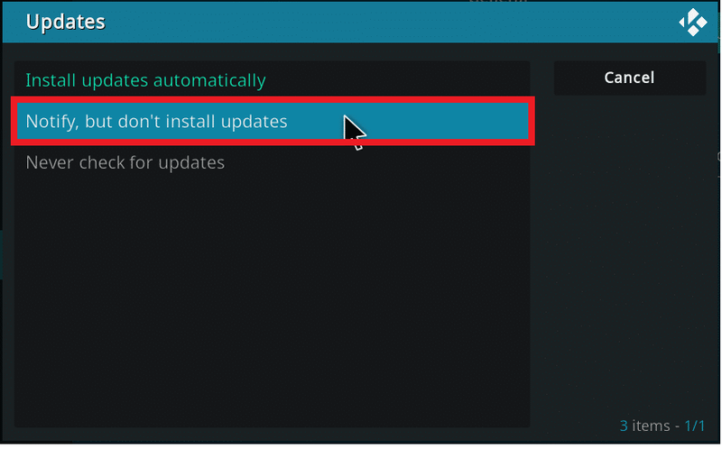 Escolha a opção Notificar, mas não instale atualizações. Como corrigir o Kodi continua travando na inicialização