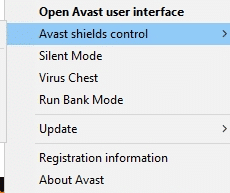 Agora, selecione a opção de controle de escudos Avast e você pode desativar temporariamente o Avast