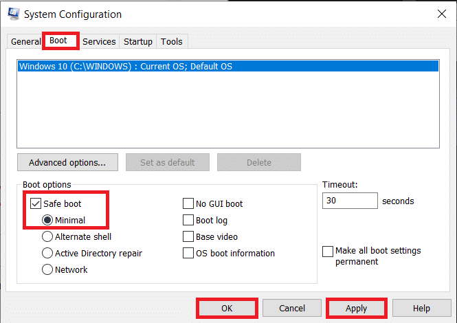 Marque a caixa Safe Boot e clique em Apply, OK para salvar as alterações. Como forçar a exclusão de arquivo Windows 10