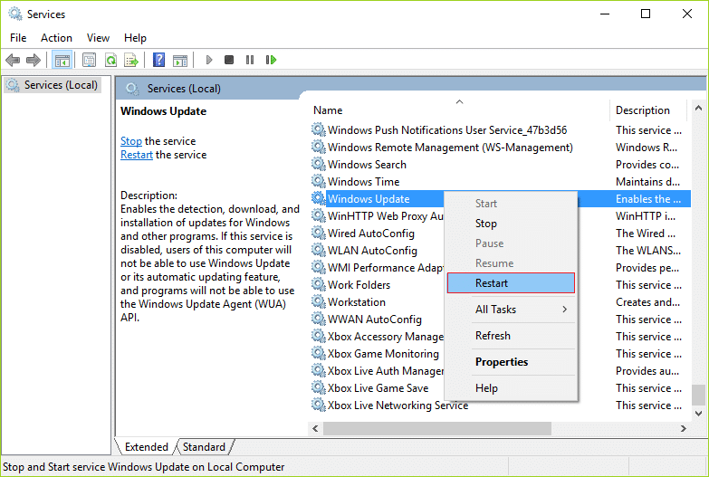 Windows Updateサービスを右クリックし、[再起動]、[再起動]の順に選択します。セキュリティオプションの準備でスタックしているWindows10を修正