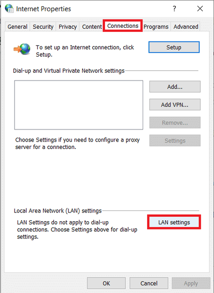 Passare alla scheda Connessioni e fare clic sul pulsante Impostazioni LAN