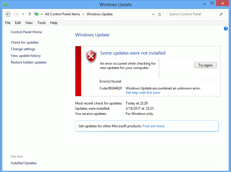 Correggi il codice di errore di Windows Update 0x80072efe