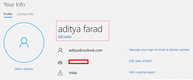 Sotto il nome utente del tuo account, fai clic su Modifica nome | Come modificare il nome utente dell'account su Windows 10