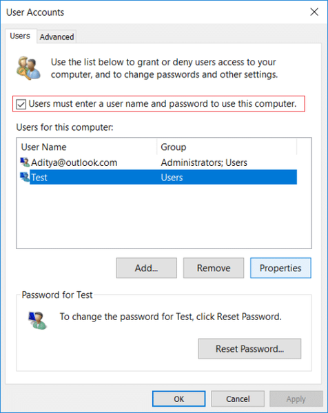 Segno di spunta Gli utenti devono inserire un nome utente e una password per utilizzare questo computer