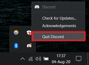 Discordのアイコンを右クリックし、[Discordを終了]を選択します