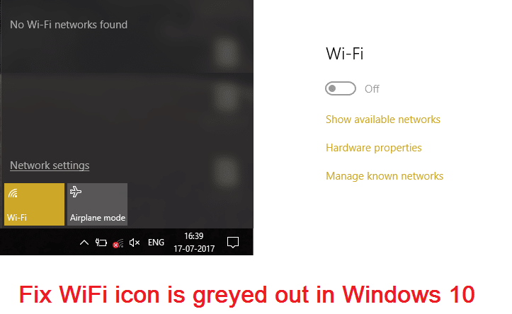 L'icona di Fix WiFi hè grigia in Windows 10