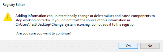 Dvakrát klikněte na uložený soubor registru a klikněte na Ano pro sloučení | Změnit výchozí systémové písmo Windows 10