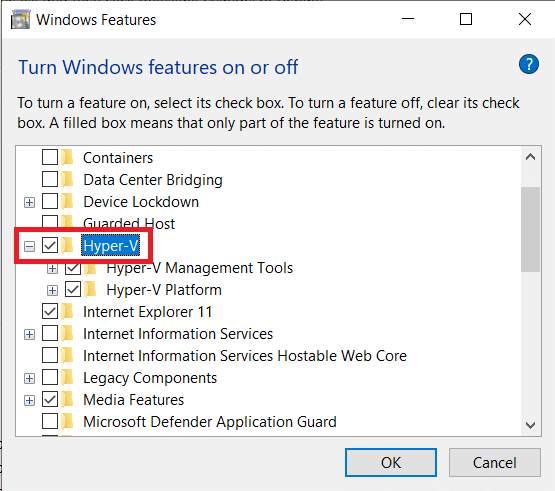 Habilite a virtualização marcando a caixa ao lado do Hyper-V e clique em OK | Habilitar virtualização no Windows 10