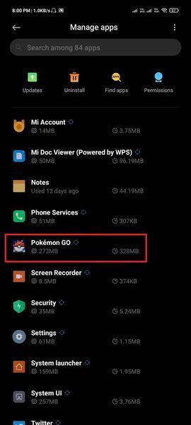 インストールされているアプリのリストをスクロールして、PokémonGOを選択します。 |ポケモンGOGPS信号が見つからない問題を修正