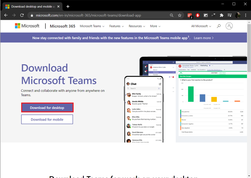 Вклучете го претпочитаниот веб-прелистувач, посетете го Microsoft Teams