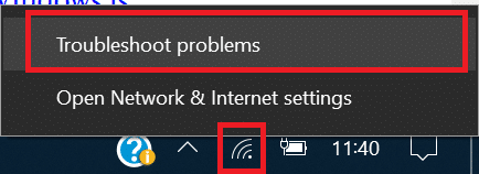 タスクバーのネットワークアイコンを右クリックし、[問題のトラブルシューティング]をクリックします