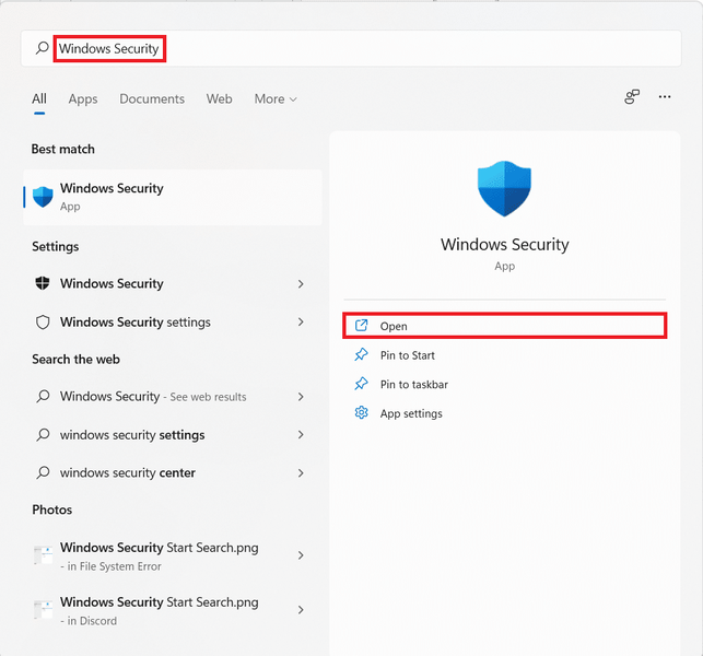 Windowsセキュリティのスタートメニュー検索結果
