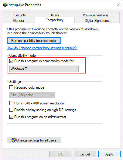 check mark eseguite stu prugramma in modu di cumpatibilità per è selezziunate Windows 7 o 8
