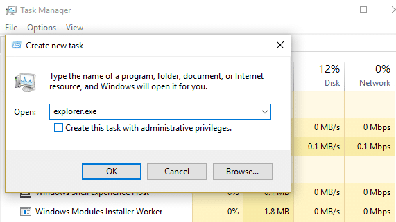 kliknite na datoteku, a zatim Pokreni novi zadatak i otkucajte explorer.exe kliknite OK | Fix File Explorer je pobijedio