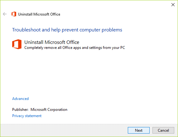 Disinstalla completamente Microsoft Office usando Fix It