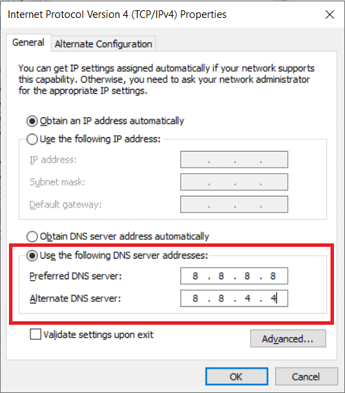वापरण्यासाठी-Google-सार्वजनिक-DNS-enter-the-value-8.8.8.8-and-8.8.4.4-खाली-पसंत-DNS-सर्व्हर-आणि-Alternate-DNS-सर्व्हर