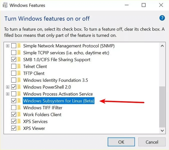 Označite potvrdni okvir pored opcije Windows podsistem za Linux | Kako instalirati Linux Bash Shell na Windows 10
