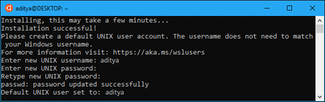 このLinuxディストリビューションのユーザー名とパスワードを作成する必要があります| Windows10にLinuxBashシェルをインストールする方法