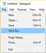 Mai le Notepad menu kiliki i le Faila ona filifili lea Save As