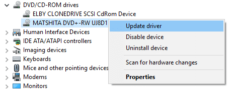Fare clic con il pulsante destro del mouse sul DVD o CD ROM e selezionare Aggiorna driver