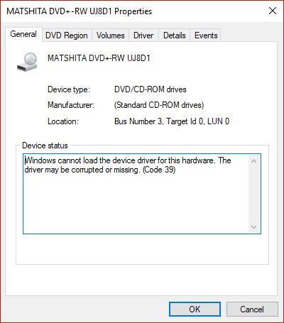 CDまたはDVDドライブのエラーコード39を修正