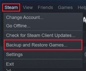 スチームボタンをクリックして、ゲームのバックアップと復元を選択します