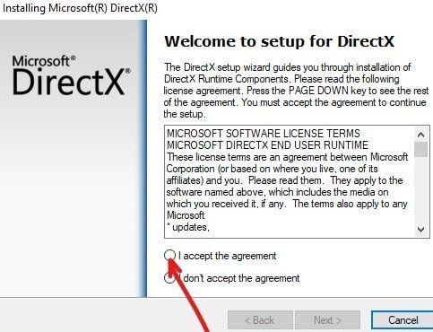 DirectXのインストールを続行するには、[同意に同意します]ラジオボタンをクリックします